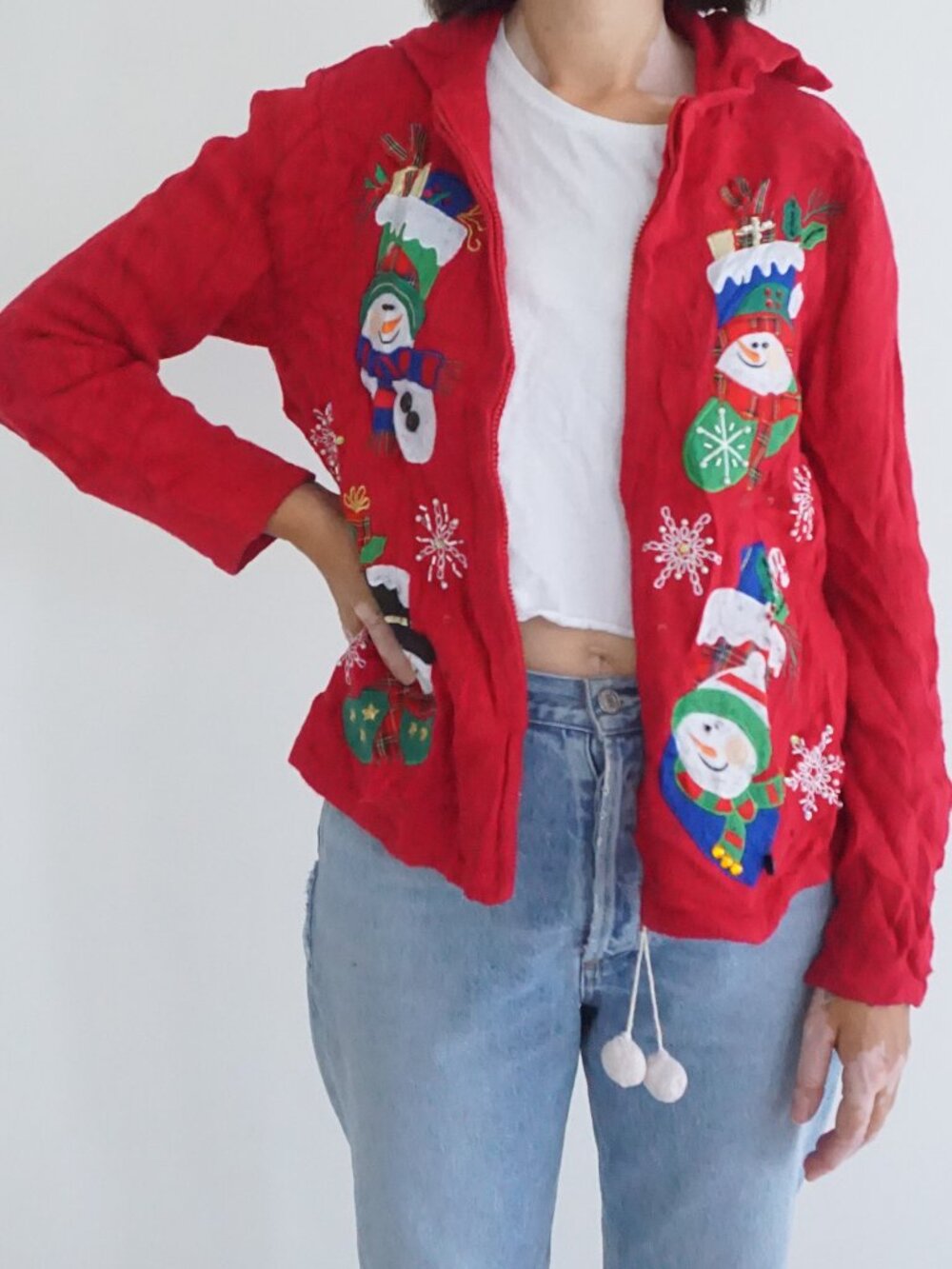Vintage Tiara Red Snowman Snowflakes Gift 3D Embroidered Christmas Cardigan M